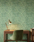 Quiet Camo serene green abstract wallpaper as a feature wall in a bright home office