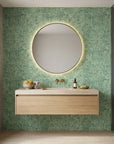 Quiet Camo serene green abstract wallpaper creating ambiance in a serene bathroom
