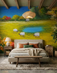 Quiet Flock golden pastoral countryside landscape wallpaper adding character to a cozy bedroom