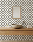 Quiet Game grey and white checkerboard wallpaper as a feature wall in a bright home office