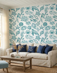 Quiet Reef coastal teal sea life in a warm and inviting living room