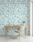 Quiet Reef coastal teal sea life as a feature wall in a bright home office