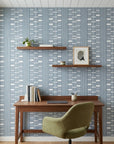 Quiet Room blue geometric peel and stick wallpaper as a feature wall in a bright home office
