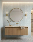 Quiet Shore serene blue abstract wallpaper creating ambiance in a serene bathroom
