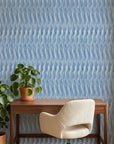 Rain Season coastal blue striped wallpaper as a feature wall in a bright home office