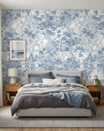 Rain On Cobblestone serene blue floral wallpaper in a warm and inviting living room