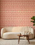 Red Rain textured pink and red vertical stripe wallpaper in a warm and inviting living room