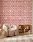Red Rain textured pink and red vertical stripe wallpaper as a feature wall in a bright home office