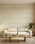 Reed & Smoke sage diamond line wallpaper in a warm and inviting living room