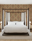 Regal Tapestry opulent red and gold damask wallpaper adding character to a cozy bedroom
