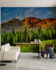 Textured swirling blue sky over evergreen forest mountain peel and stick wallpaper - Restless Sky