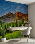 Restless Sky dramatic swirling mountain forest wallpaper as a feature wall in a bright home office