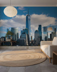 New York City skyline Rising wallpaper mural on modern living room accent wall with One World Trade Center
