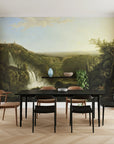 Classical River Glen landscape mural wallpaper featuring waterfalls and hilltop town in dining room setting
