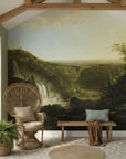 Classical landscape mural wallpaper featuring River Glen waterfall and hilltop castle in earth tones