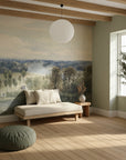 Watercolor landscape River Valley Panorama mural wallpaper featuring soft greens and beiges in sunlit room