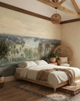 Sage green River Valley Panorama landscape mural wallpaper in rustic bedroom with natural light