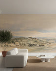 Riverside Landscape wallpaper mural showing watercolor countryside with rolling hills in earthy beige tones