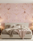 Rose Bloom metallic ogee wallpaper adding character to a cozy bedroom