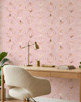 Rose Bloom metallic ogee wallpaper as a feature wall in a bright home office