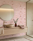 Rose Bloom metallic ogee wallpaper creating ambiance in a serene bathroom