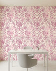 Rose Boudoir elegant pink vintage floral wallpaper as a feature wall in a bright home office