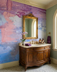 Rose & Blue soft pink and blue painterly abstract wallpaper as a feature wall in a bright home office