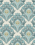 Art nouveau damask wallpaper in sage green and teal with tulip motifs on cream background