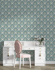 Rose Cloud Cadenza damask wallpaper in teal and gold with vintage vanity styling