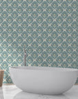Teal and cream Rose Cloud Cadenza art deco wallpaper in modern spa bathroom with freestanding tub