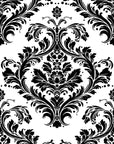 Classic Rosette Haven damask wallpaper with bold black scrollwork on white background