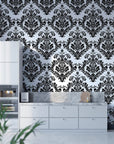 Black damask scrollwork on silver metallic Rosette Haven peel and stick wallpaper in modern kitchen