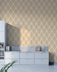 Beige and sage Rosewater Retreat damask wallpaper in modern white kitchen with marble countertops