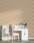 Rosewater Retreat damask wallpaper with beige and olive motifs on home office accent wall