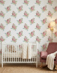 Rosy Hours pink floral bouquet wallpaper adding character to a cozy bedroom