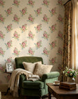 Rosy Hours pink floral bouquet wallpaper as a feature wall in a bright home office