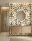 Russet Petal Web sage green and coral damask wallpaper creating ambiance in a serene bathroom
