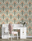 Russet Petal Web wallpaper with coral flowers and sage damask pattern on elegant home office wall