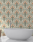 Coral and sage Russet Petal Web damask wallpaper in modern bathroom with freestanding tub