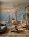 Canvas-like warm coastal harbor with fishing boats painted peel and stick wallpaper - Rust & Salt