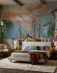 Rust & Salt warm coastal harbor fishing boats wallpaper in a warm and inviting living room