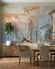 Rust & Salt warm coastal harbor fishing boats wallpaper adding character to a cozy bedroom