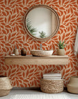 Self-adhesive wallpaper featuring an abstract organic leaf motif in terracotta and beige tones, style Rust Echoes