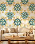 Saffron Bloom vibrant yellow and teal floral wallpaper creating ambiance in a serene bathroom