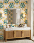 Saffron Bloom vibrant yellow and teal floral wallpaper as a feature wall in a bright home office