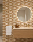 Saffron Ikat ochre geometric peel and stick wallpaper creating ambiance in a serene bathroom