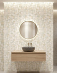Sage Rain neutral botanical peel and stick wallpaper creating ambiance in a serene bathroom