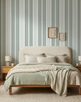 Sage Stripe modern grey striped wallpaper adding character to a cozy bedroom