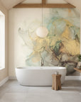 Sage Bloom Mist elegant sage and gold ink as a feature wall in a bright home office