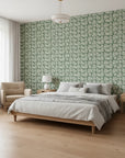 Sage Silhouette sage green botanical leaf wallpaper adding character to a cozy bedroom